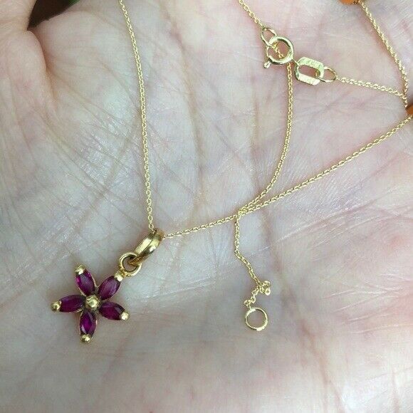 14K Solid Gold Mini Red Flower Charm Pendant Dainty Necklace - Minimalist