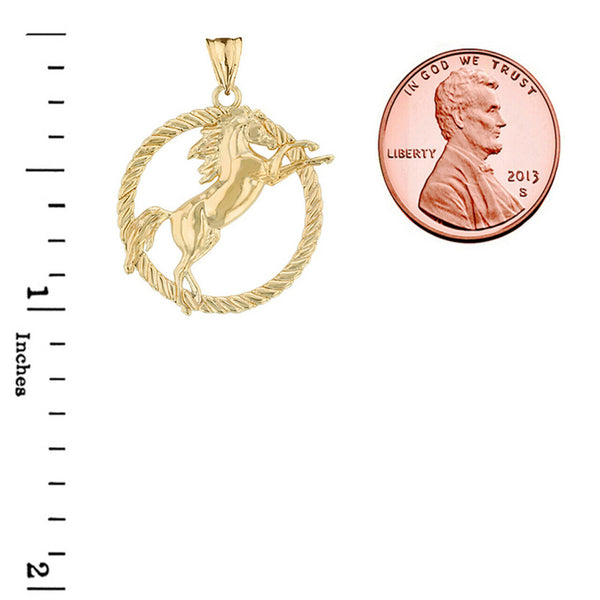 10K Solid Yellow Gold Stallion Horse Rope Pendant Necklace