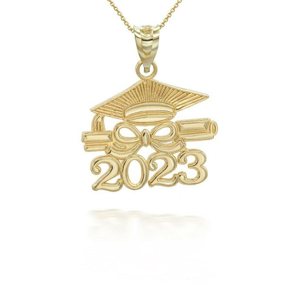 10K Solid Gold Class of 2023 Graduation Cap and Diploma Pendant Necklace