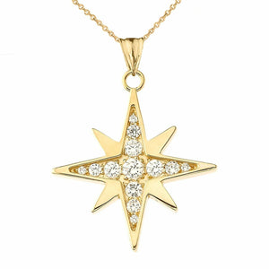 Solid 14k Yellow Gold Cubic Zirconia North Star Pendant Necklace