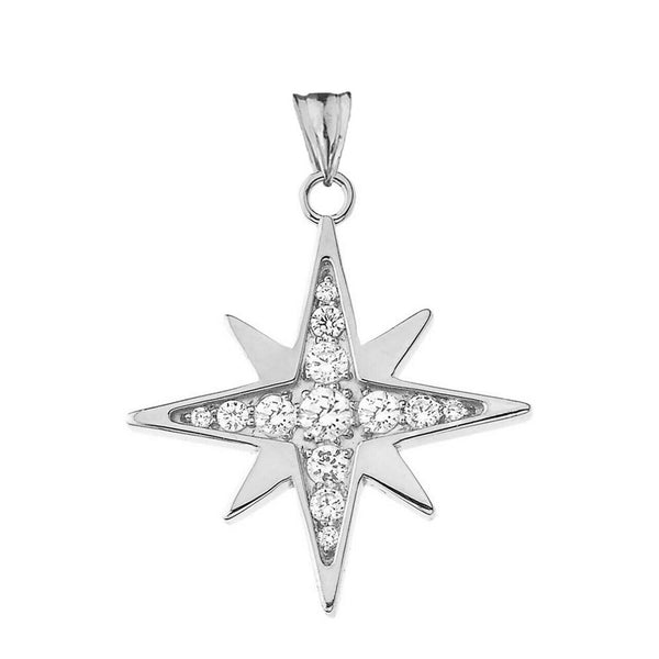 925 Fine Sterling Silver Cubic Zirconia North Star Pendant Necklace