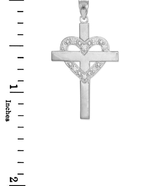 Solid 10k White Gold Cross 0.08 CTW Diamond Heart Pendant Necklace