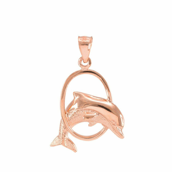 10k Solid Rose Gold Hoop Jumping Dolphin Pendant Necklace