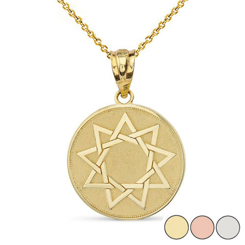 14K Solid Gold Nine Point Star Bahá'í Star Disc Sun Pendant Necklace