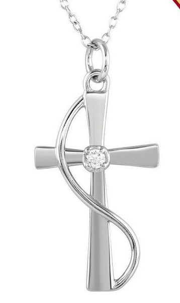 NWT Sterling Silver 925 Rhodium Plated Wrapped Cross Pendant Necklace with CZ -