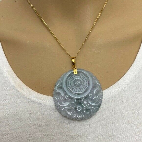 14K Real Gold Carved Jade Dragon Phoenix Yin Yang Round Pendant Large