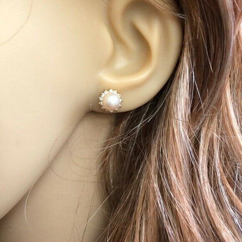 Small 14K Solid Yellow Gold Pearl CZ Stud Earrings