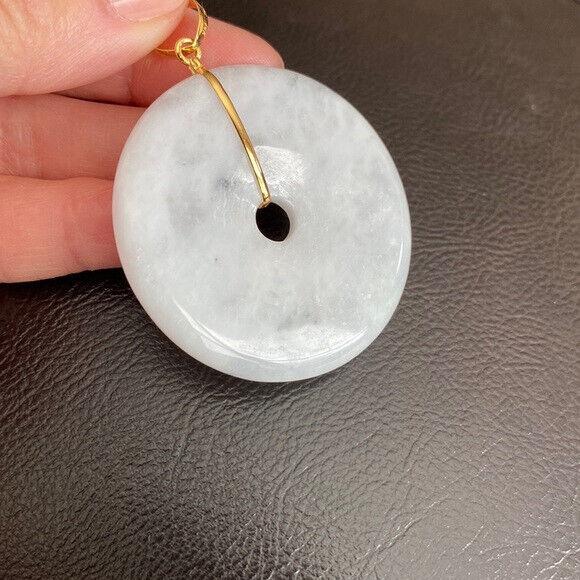 14K Solid Yellow Gold Round Large Donut Natural Jade Pendant Charm White
