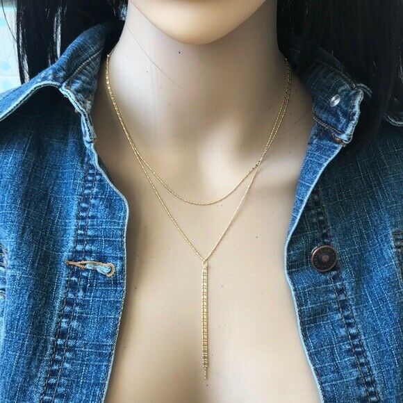 14K Solid Yellow Gold Double Strand Bead Layer Dangle Drop Choker Necklace