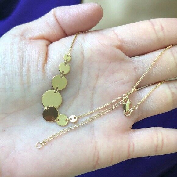 14K Solid Yellow Gold Graduated Disc Disk Necklace Adjustable 16" - 18"