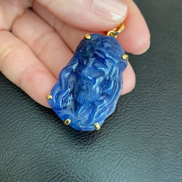 14K Real Solid Gold Carving Jesus Sodalite Christ Head Pendant Charm