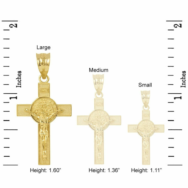14K Solid Yellow Gold Large St. Benedict Crucifix Cross Pendant Necklace 1.6"