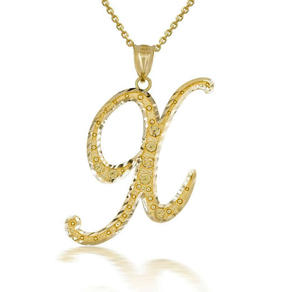 10k Solid Yellow Gold Cursive Initial Letter X Pendant Necklace