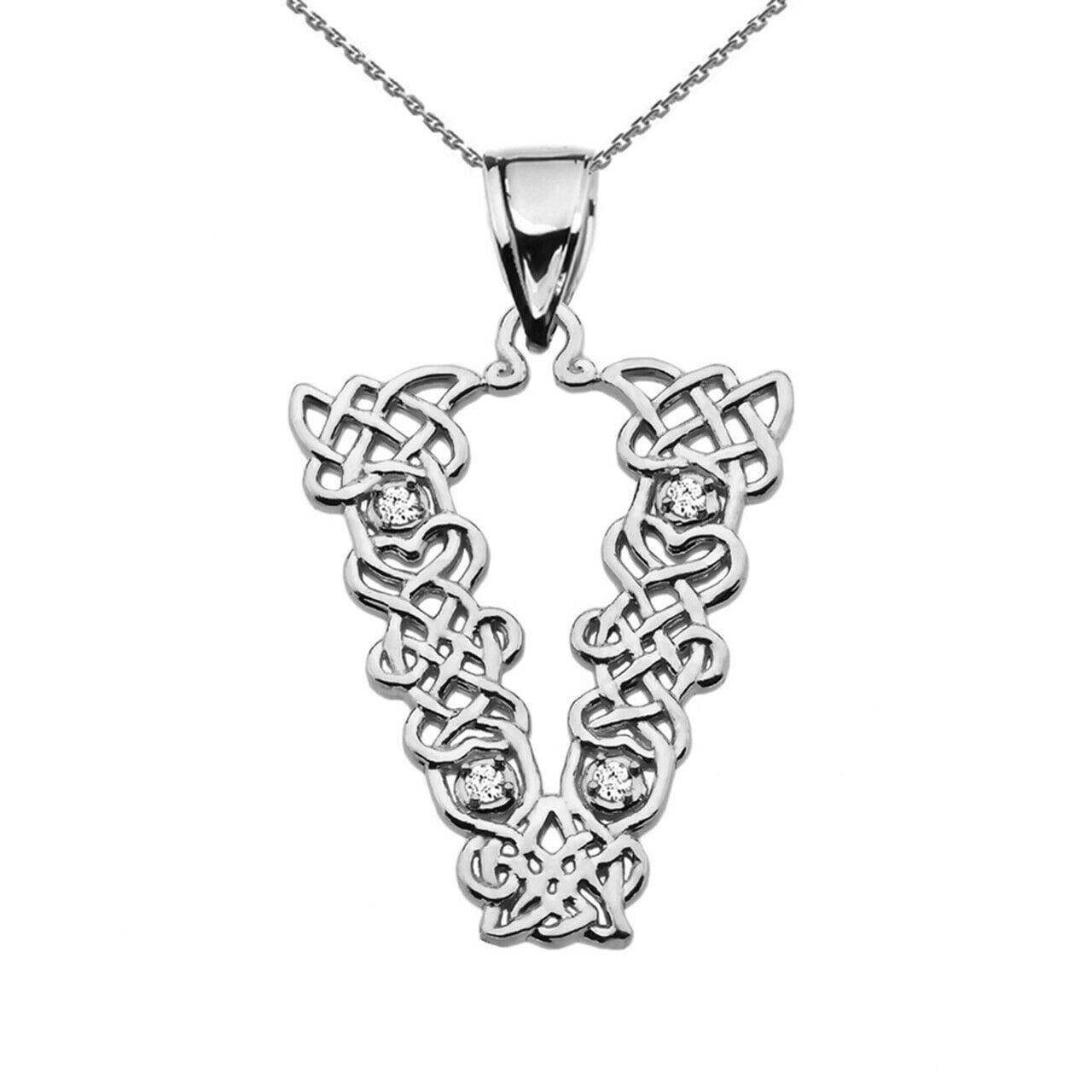 Sterling Silver CZ Celtic Knot Pattern Initial Letter V Pendant Charm Necklace