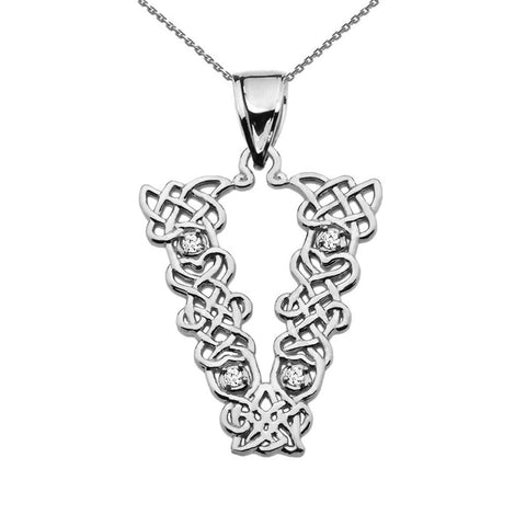 Sterling Silver CZ Celtic Knot Pattern Initial Letter V Pendant Charm Necklace