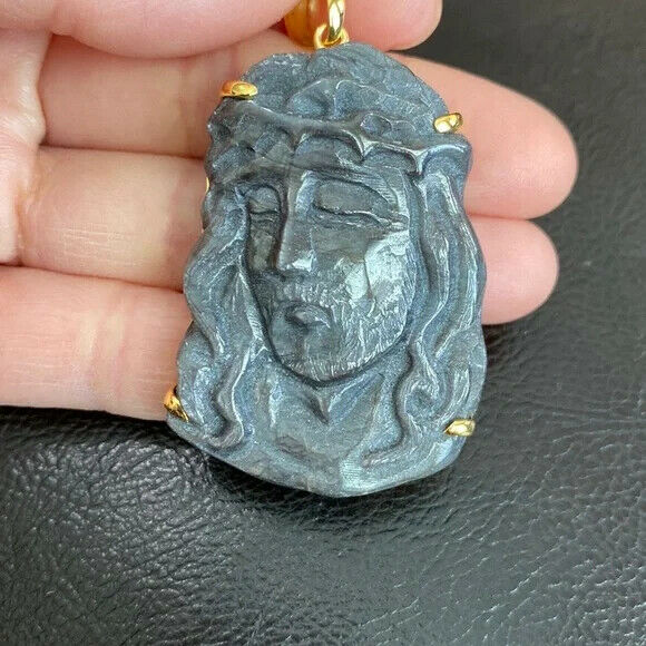 14K Real Solid Gold Natural Sapphire Carved Jesus Christ Head Face Pendant Large