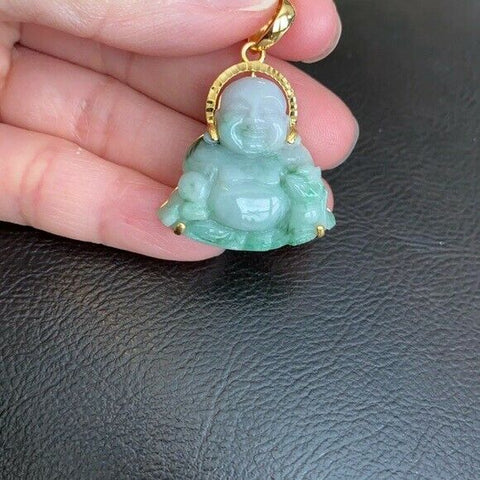 14K Solid Real Gold Natural Jadeite Jade Happy Laughing Buddha Pendant Male