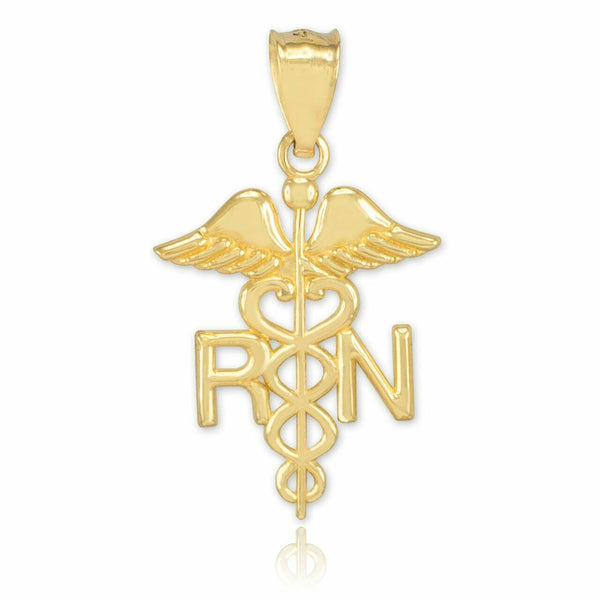 10K Real Gold Caduceus Medical RN Registered Nurse Herald Staff Pendant Necklace