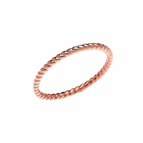 10K Solid Rose Gold Rope Midi Thin Design Dainty Ring - Wedding Band