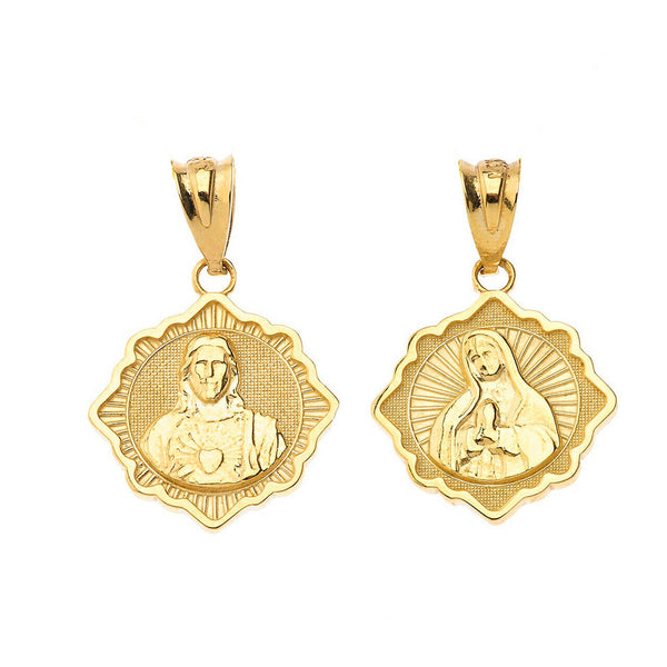 14K Solid Gold Reversible Virgin Mary and Jesus Christ Pendant Necklace