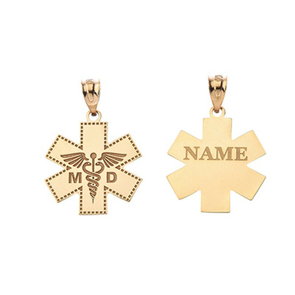 Personalize Name 10k 14k Solid Gold Caduceus MD Medical Doctor Pendant Necklace