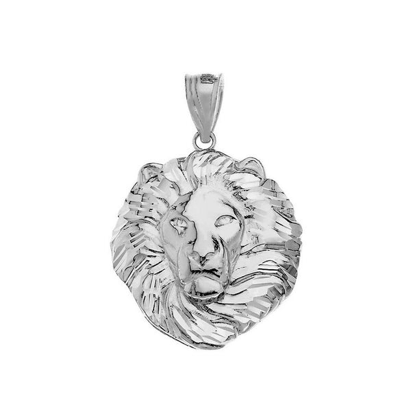 14K Solid Fine White Gold Men's Textured Lion Head Small Pendant Necklace