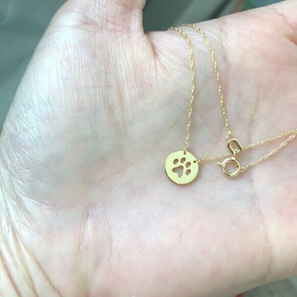 14K Solid Gold Mini Disk Disc Paw Print Dainty Necklace - Minimalist 16"-18"
