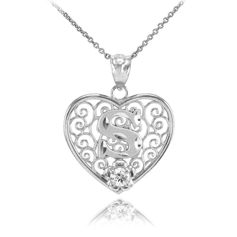 925 Sterling Silver Filigree Heart CZ Initial Letter S Pendant Necklace