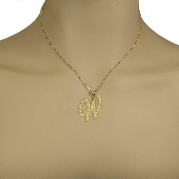 10k Solid Yellow Gold Cursive Initial Letter W Pendant Necklace