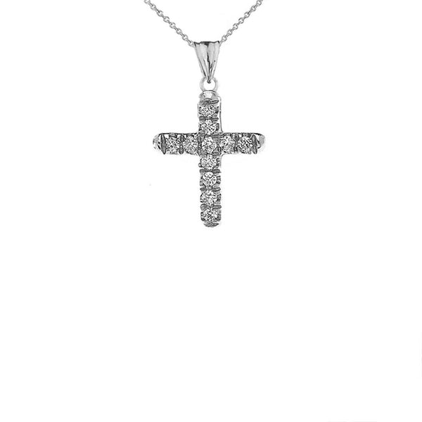 10k Solid White Gold Mini Elegant Diamond Cross Pendant Necklace - Minimalist