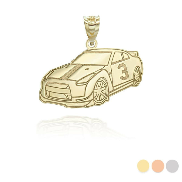 Personalize Name 10k 14k Solid Gold Reversible Race Car Pendant Necklace