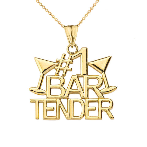 10K Solid Gold #1 Bartender Pendant Necklace - Yellow, Rose, White