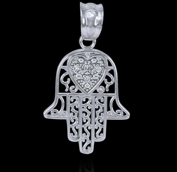 14k Solid White  Gold Diamond Filigree Hamsa Pendant Necklace 16" 18" 20" 22"