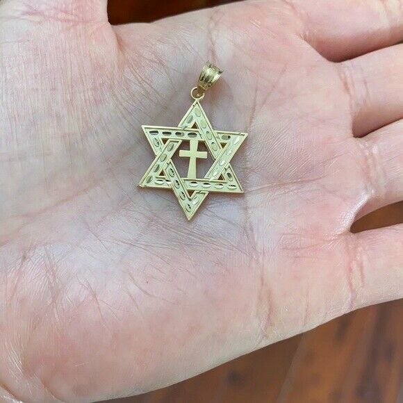 Solid 10k Rose Gold Jewish Star of David Cross Pendant Necklace Medium 1.25"