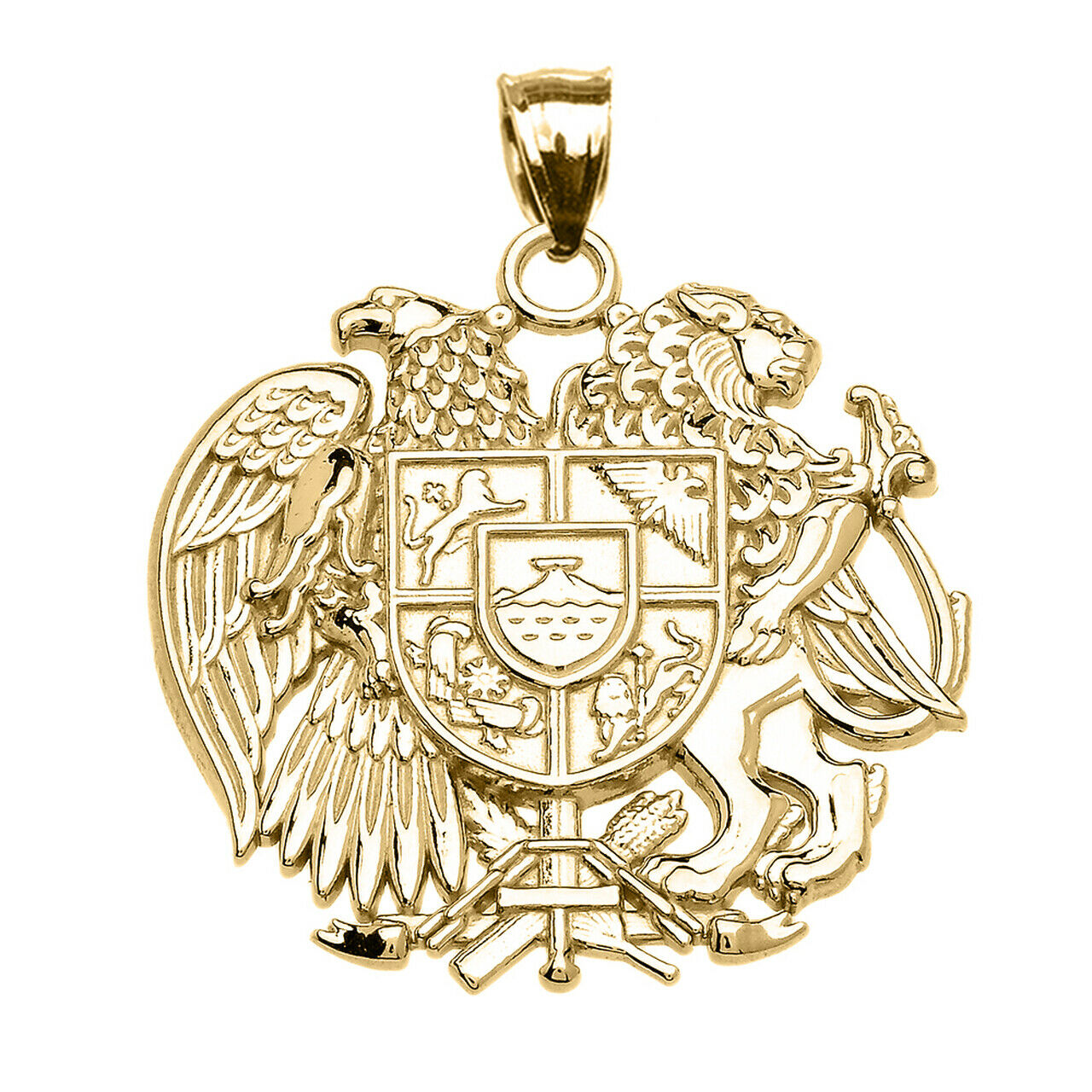 10k Solid Gold Armenian National Coat of Arms Eagle and Lion Pendant Necklace