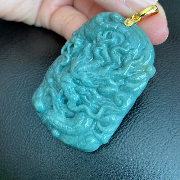 14K Solid Real Yellow Gold Carved Dragon Natural Jade Pendant Green Men Carving