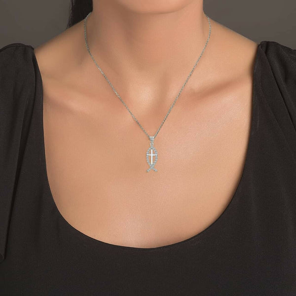 10K Solid Gold Christian Cross Jesus Christ Ichthus Fish Pendant Necklace