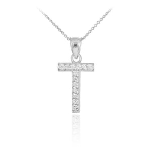 925 Sterling Silver Letter "T" Initial CZ Monogram Pendant Necklace 16 18 20 22"