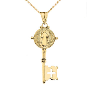 14k Solid Gold Saint Benedict Double Sided Cross Key Pendant Necklace