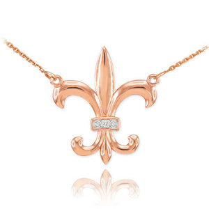 14k Solid Rose Gold Diamond French Fleur de Lis Stylized lily Flower Necklace