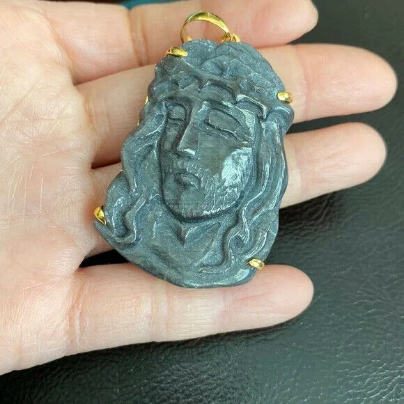 14K Real Solid Gold Natural Sapphire Carved Jesus Christ Head Face Pendant Large