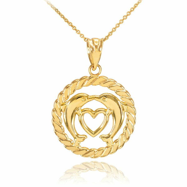 10k Solid Yellow Gold Heart Kissing Dolphins in Circle Rope Pendant Necklace