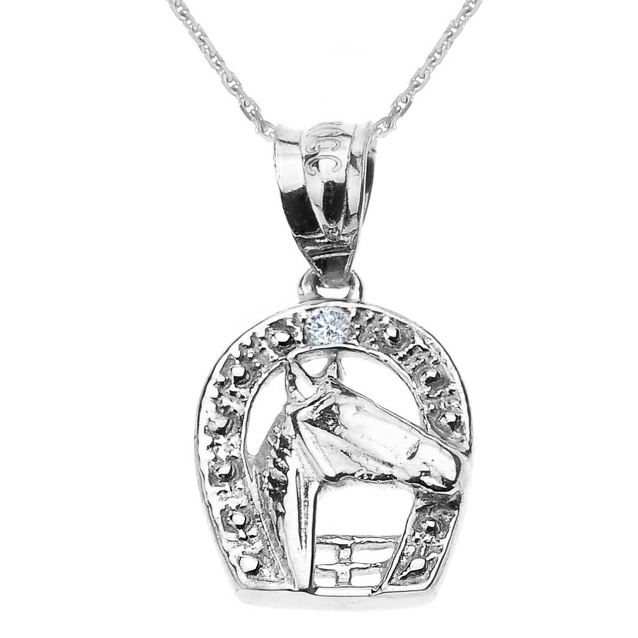 Sterling Silver Diamond Horseshoe with Horse Head Pendant Necklace Made in USA