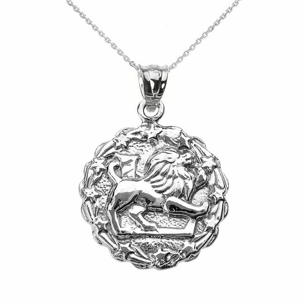 925 Sterling Silver Leo August Zodiac Sign Round Pendant Necklace