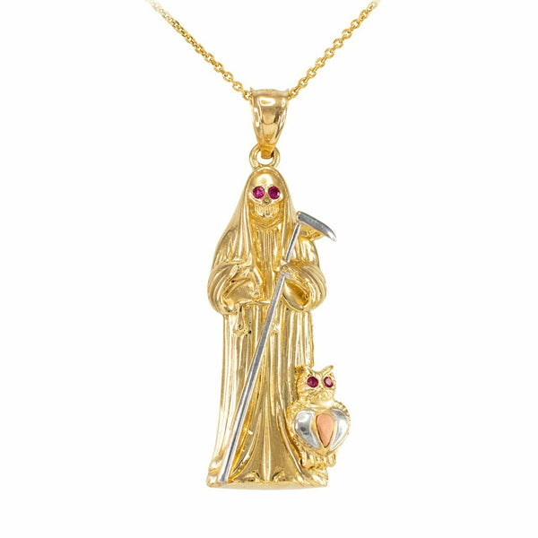 10k Solid Gold Santa Muerte-Holy Death-Grim Reaper Owl CZ Pendant Necklace