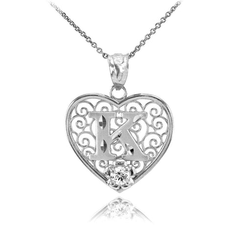 925 Sterling Silver Filigree Heart CZ Initial Letter K Pendant Necklace