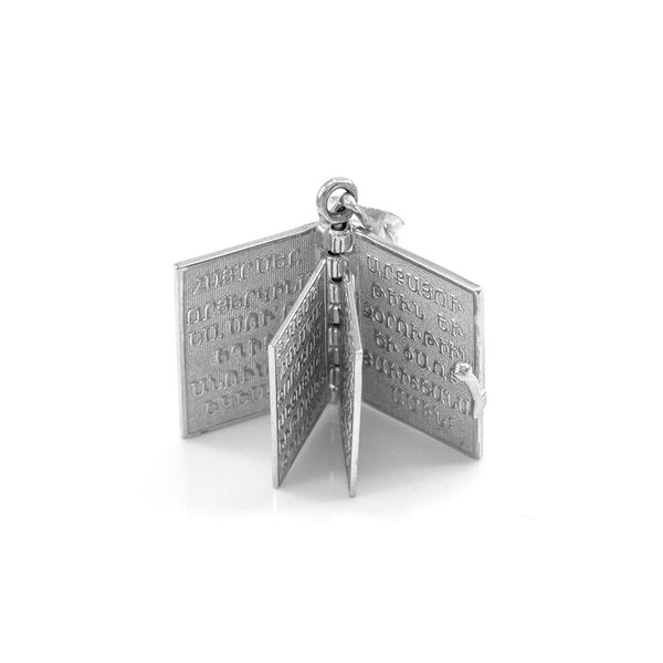 Sterling Silver 3D Armenian Holy Bible Book with Lords Prayer Pendant Necklace