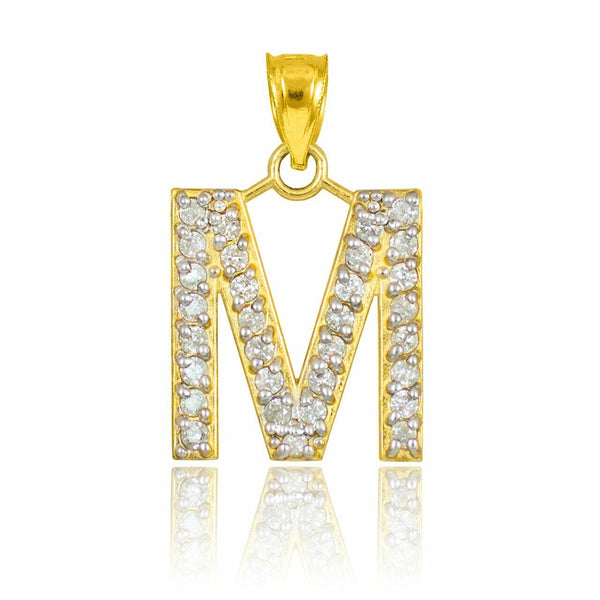 14k Solid Yellow Gold Diamonds Monogram Initial Letter M Pendant Necklace