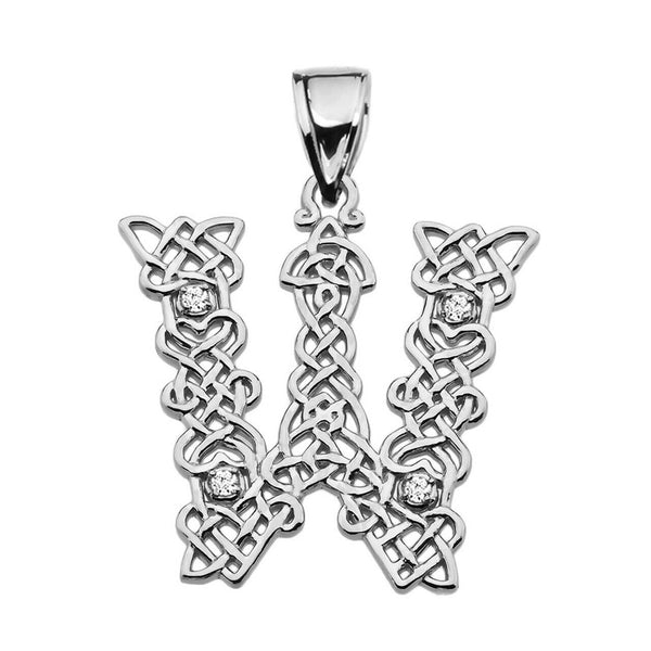 Sterling Silver CZ Celtic Knot Pattern Initial Letter W Pendant Charm Necklace