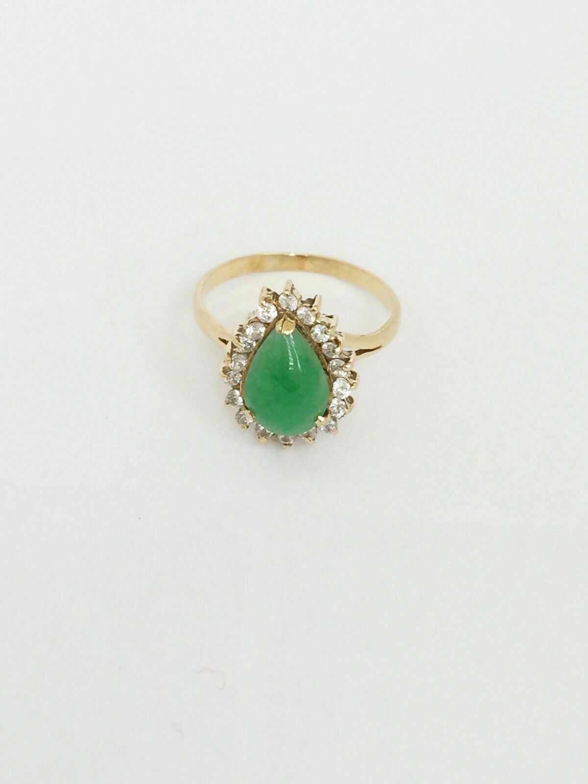 14K Solid Yellow Gold Teardrop Green Jade CZ Ring Size 4.75